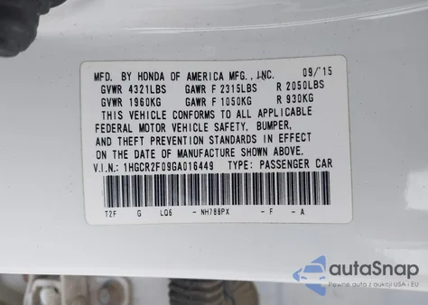 2016 Honda Accord Ex из США, поврежденный, VIN 1HGCR2F09GA016449